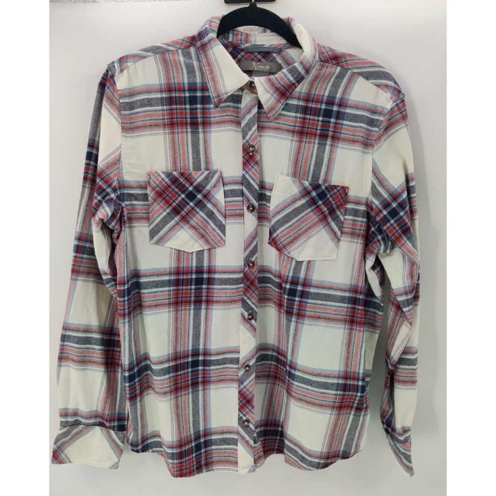Natural Reflections Flannel Shirt Women's Large White Red Blue Plaid Long Sleeve